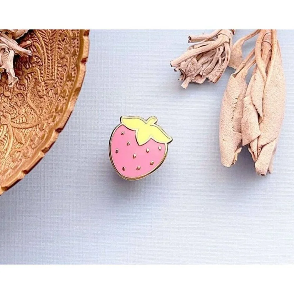 Mini Cute Strawberry Enamel Pin -‎ Gold Plated Food Lapel - Kawaii Jewelry